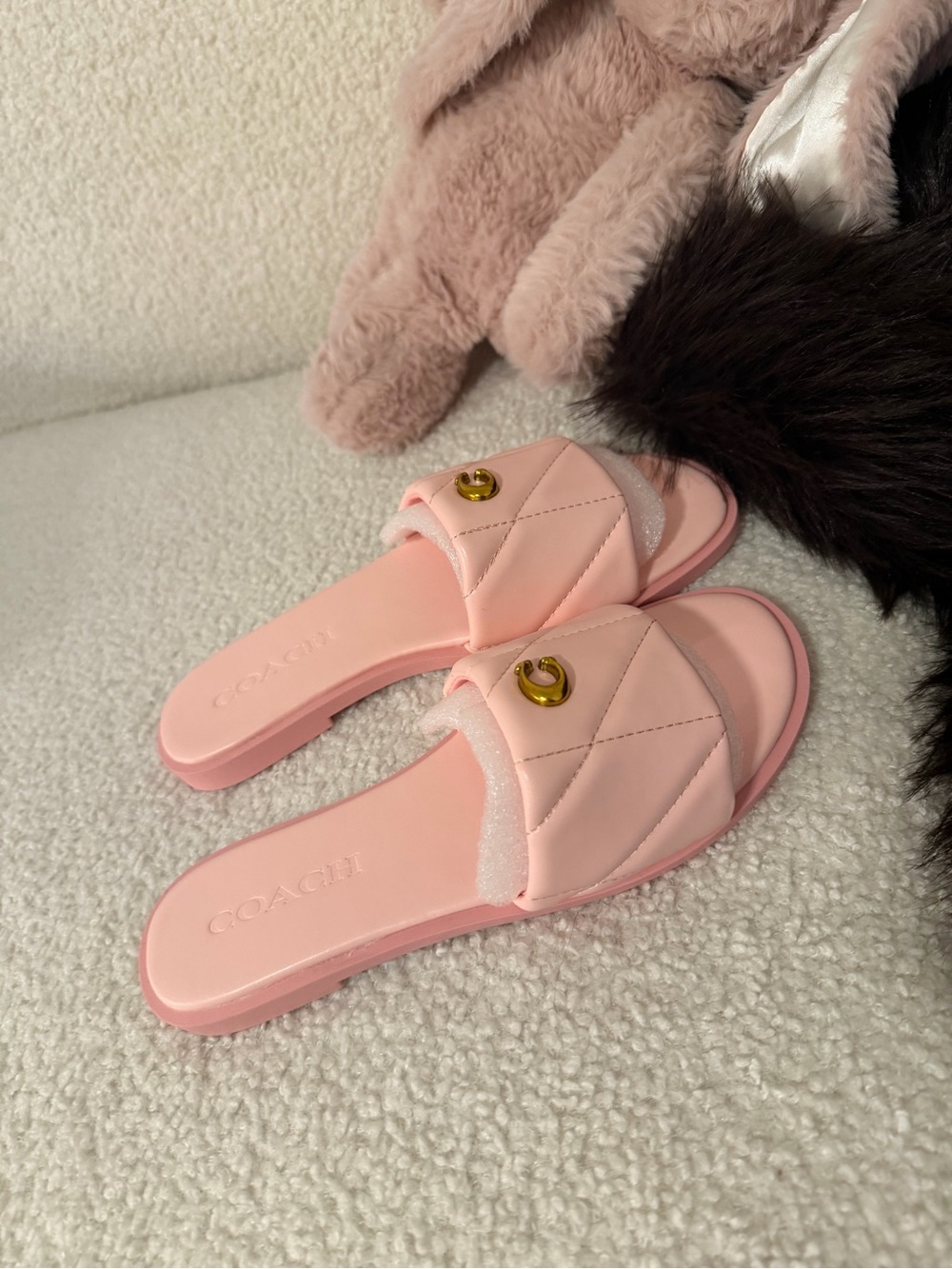 Coach Pastel Pink Quilted Slide Sandals with Gold Accent
